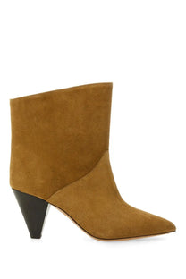 Isabel Marant women’s tan suede ankle boot with black cone heel in beige showing front side design