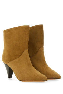 Tan suede ankle boots with pointed toe and black stacked heel from isabel marant womens boot loline beige