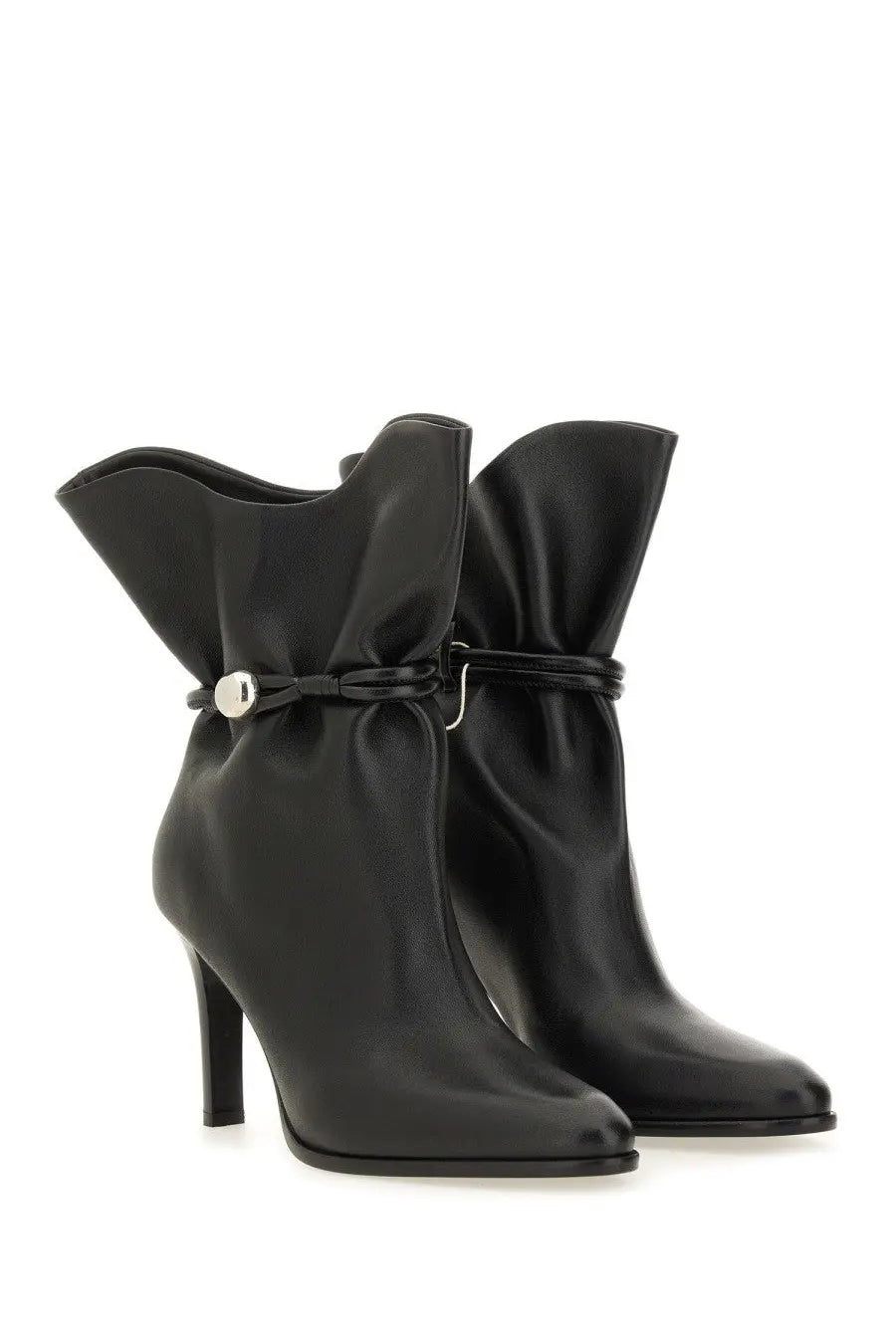 Isabel Marant women’s black leather ankle boots with high stiletto heel and decorative bow at the front