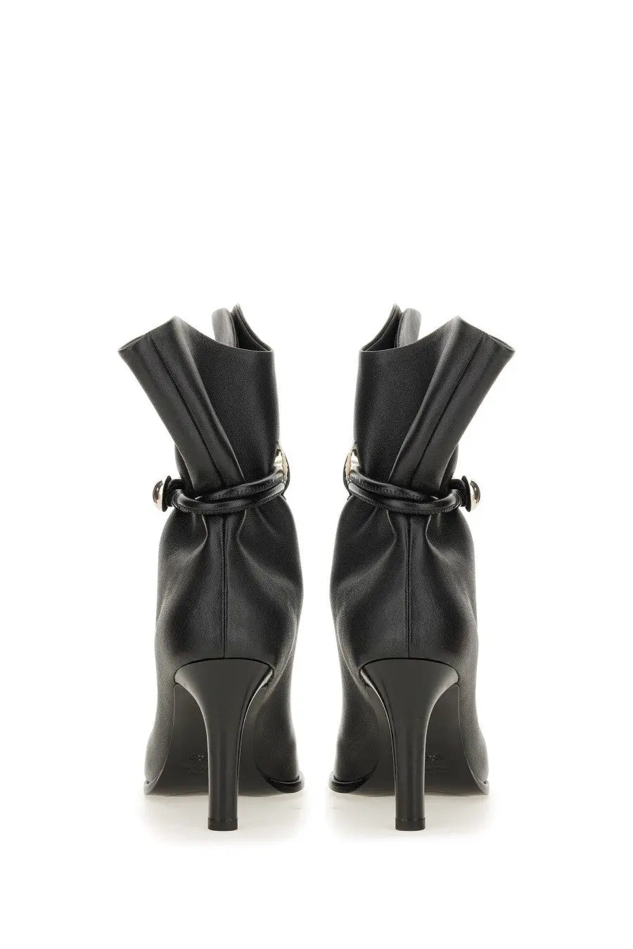 Isabel Marant women’s black leather ankle boots with sleek high heel and decorative buckle detail visible from the back