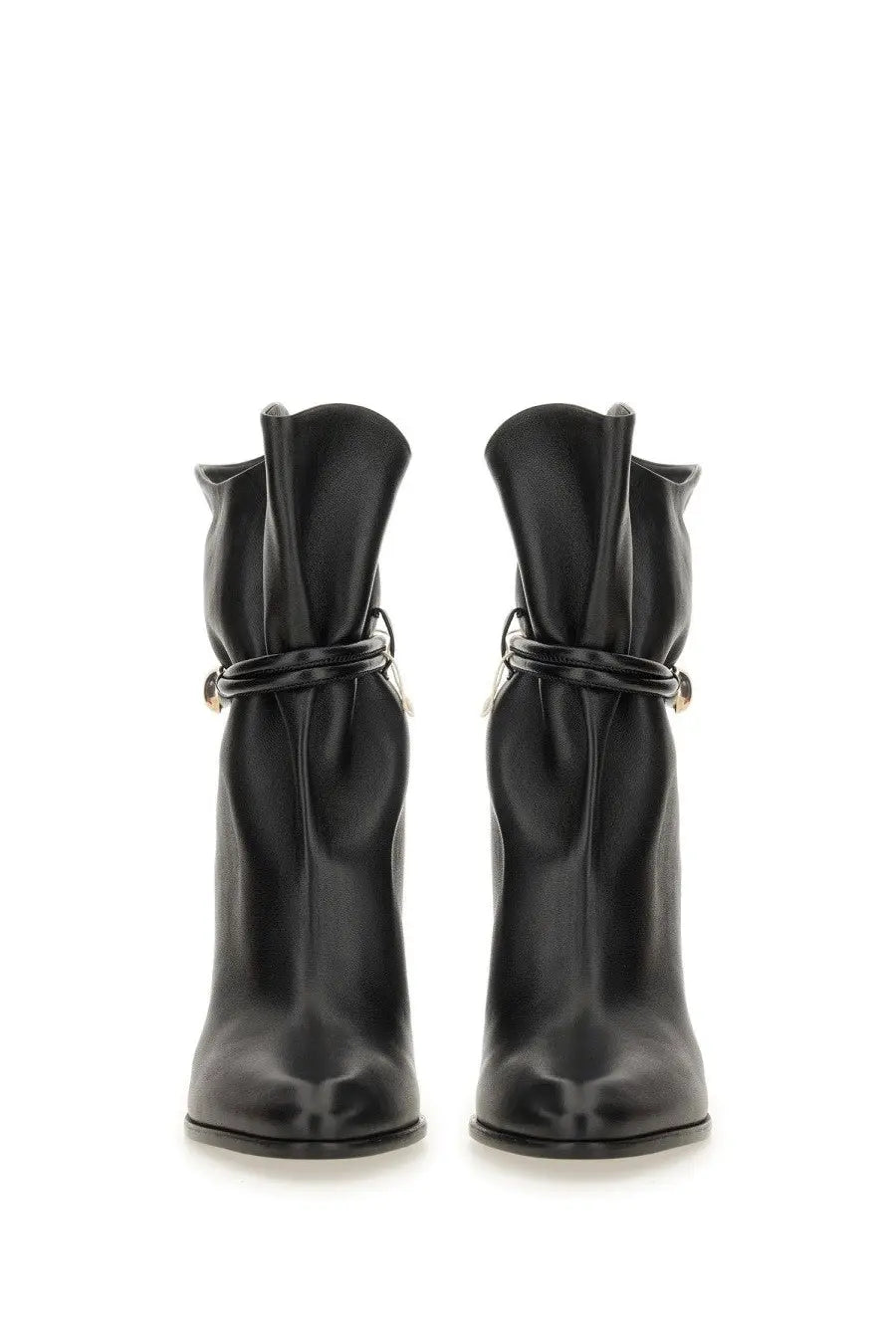 Isabel Marant women’s black leather ankle boots with a sleek glossy finish and decorative ankle straps
