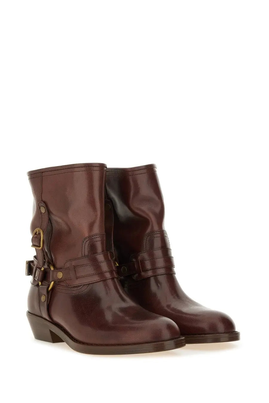 Isabel Marant women’s burgundy patent leather ankle boots with gold-tone buckle straps and low block heel