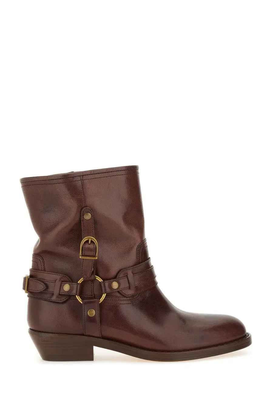 Isabel Marant women’s brown leather ankle boots with gold-tone buckle and strap details
