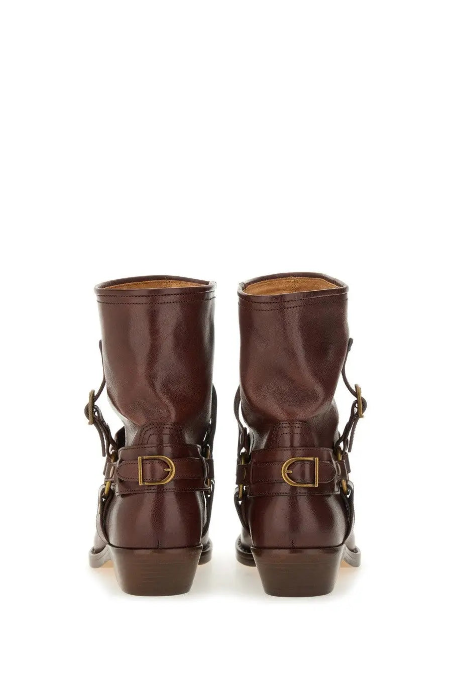 Isabel Marant women’s brown leather ankle boots with gold-tone buckle straps for stylish wear