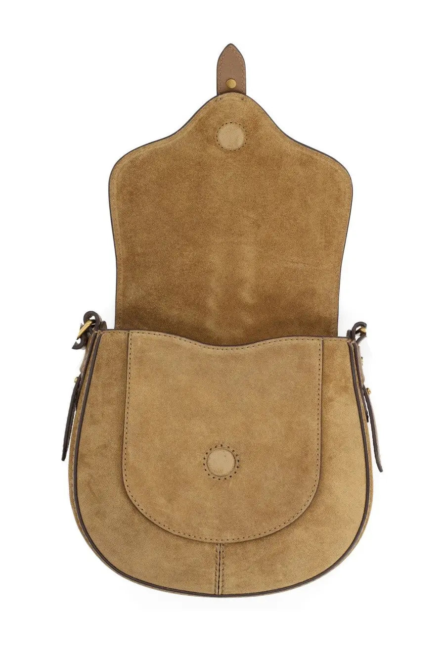Isabel marant women’s borsa altay beige tan suede saddle bag with rounded flap and matching leather straps