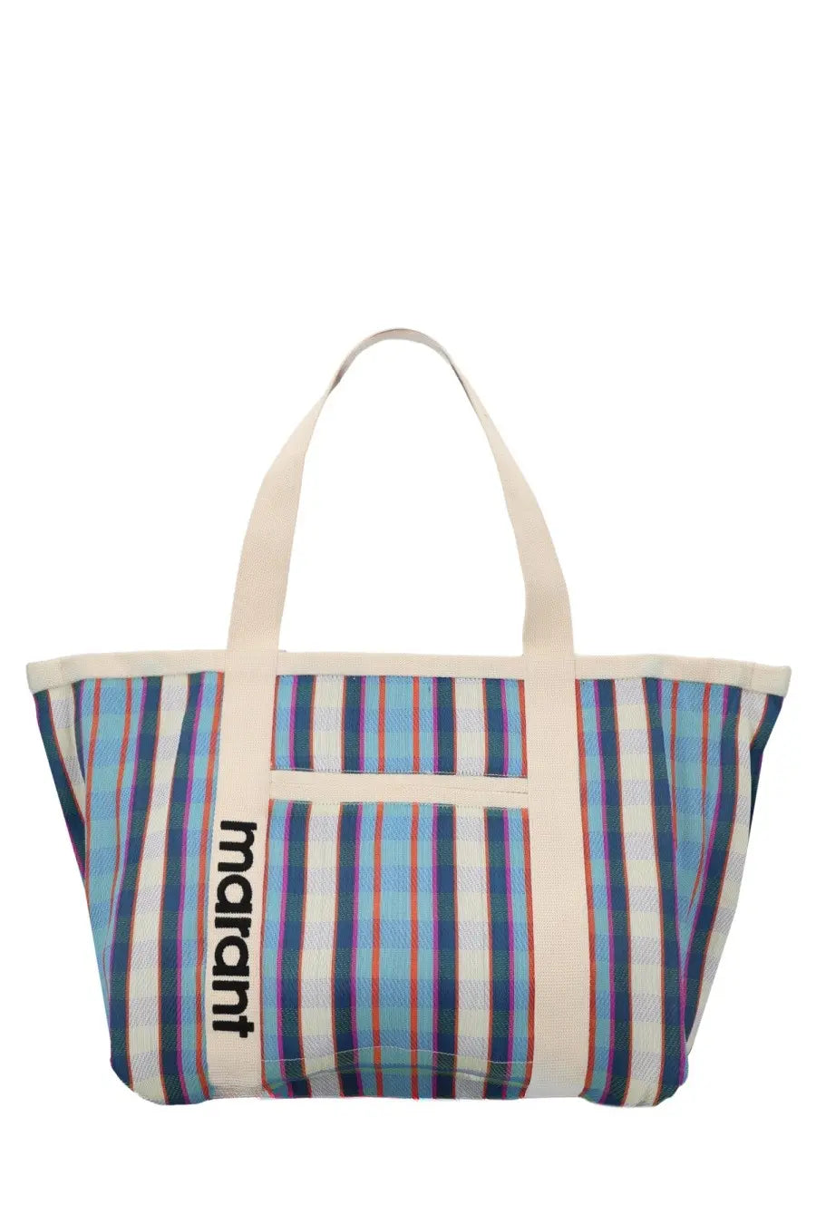 Isabel Marant women’s borsa darwen multicolor plaid tote bag with vertical blue purple and red stripes on white canvas