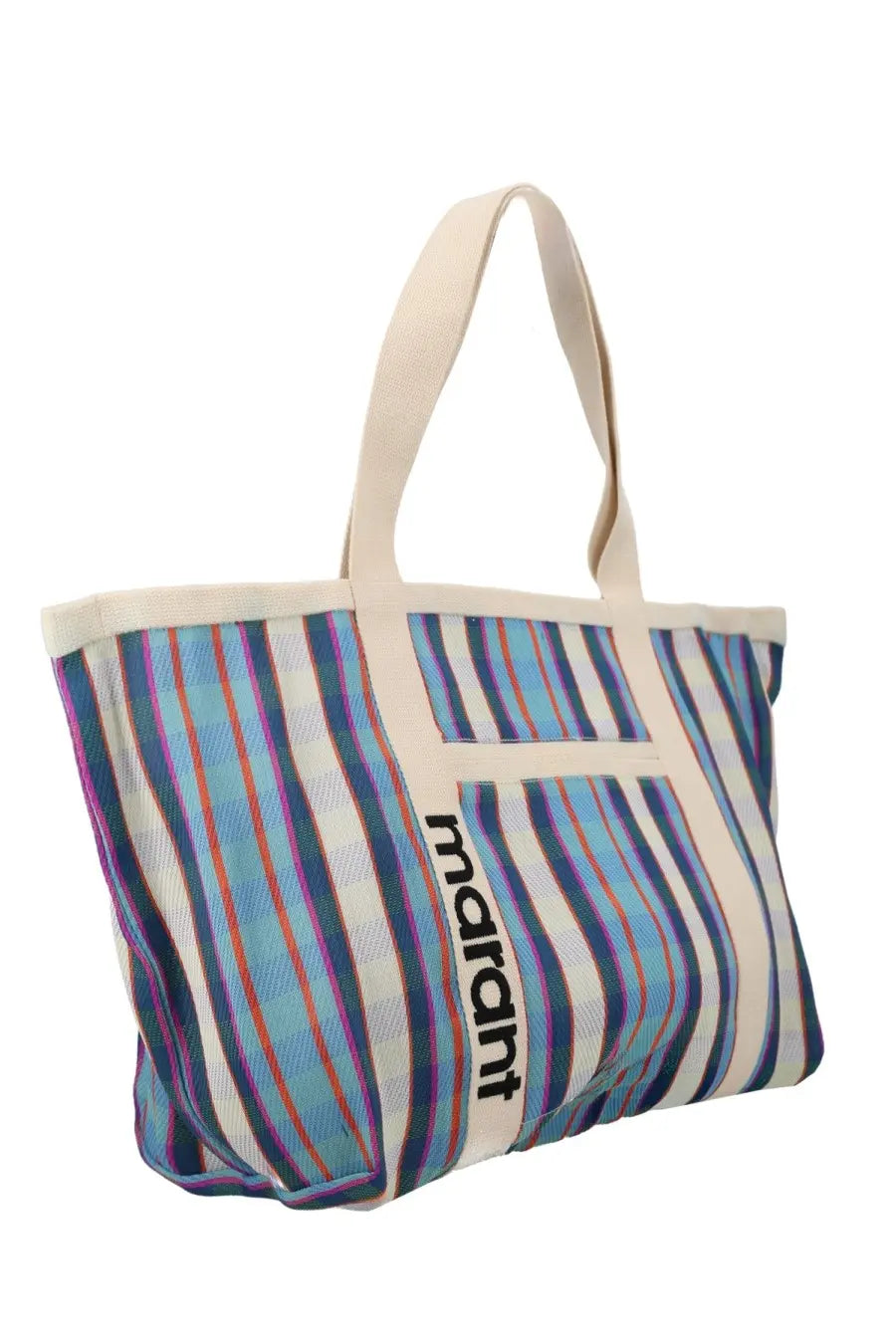 Isabel Marant women’s borsa darwen striped canvas tote bag with cream handles and bold black vertical marant logo
