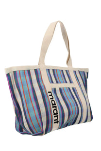 Isabel Marant women’s borsa darwen striped canvas tote bag with cream handles and bold black vertical marant logo