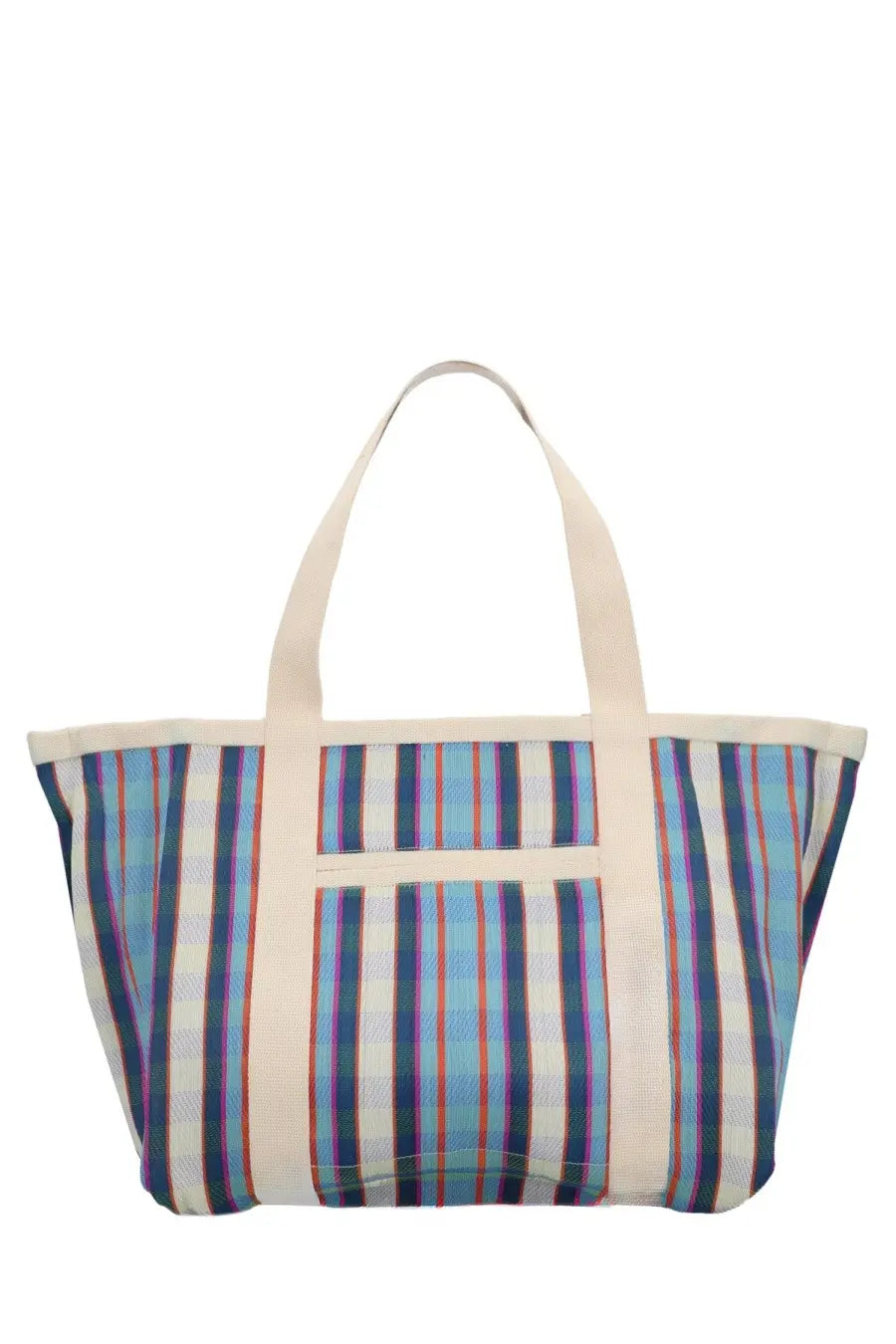 Isabel Marant women’s borsa darwen multicolor canvas tote bag with vibrant blue purple white stripes and cream handles