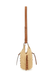 Isabel Marant women’s borsa losange mini beige woven straw bucket bag with tan leather strap and tassel details
