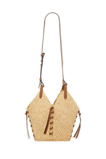 Beige woven straw shoulder bag with brown leather accents and tassels isabel marant women borsa losange mini beige