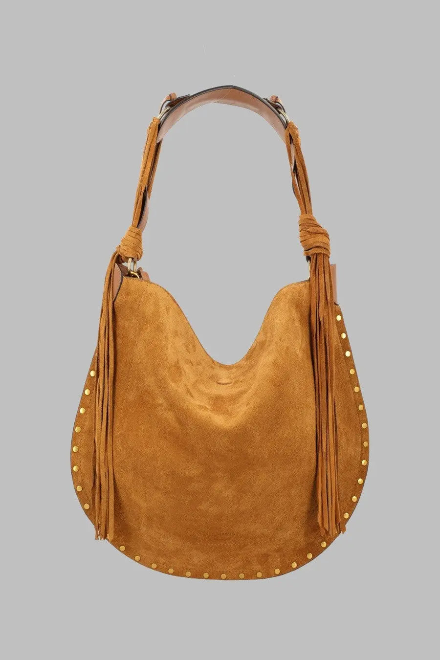 Isabel Marant women’s borsa Oskan hobo tan suede bag with braided leather straps and gold-tone studs along edges