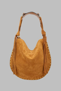 Isabel Marant women’s borsa Oskan hobo tan suede bag with braided leather straps and gold-tone studs along edges