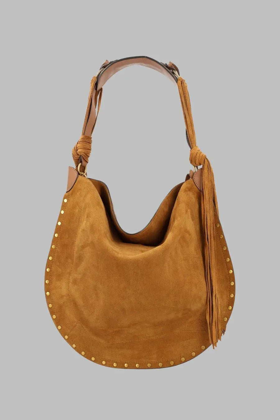 Isabel Marant women’s borsa Oskan hobo soft brown tan suede bag with gold-tone studs and braided leather handle