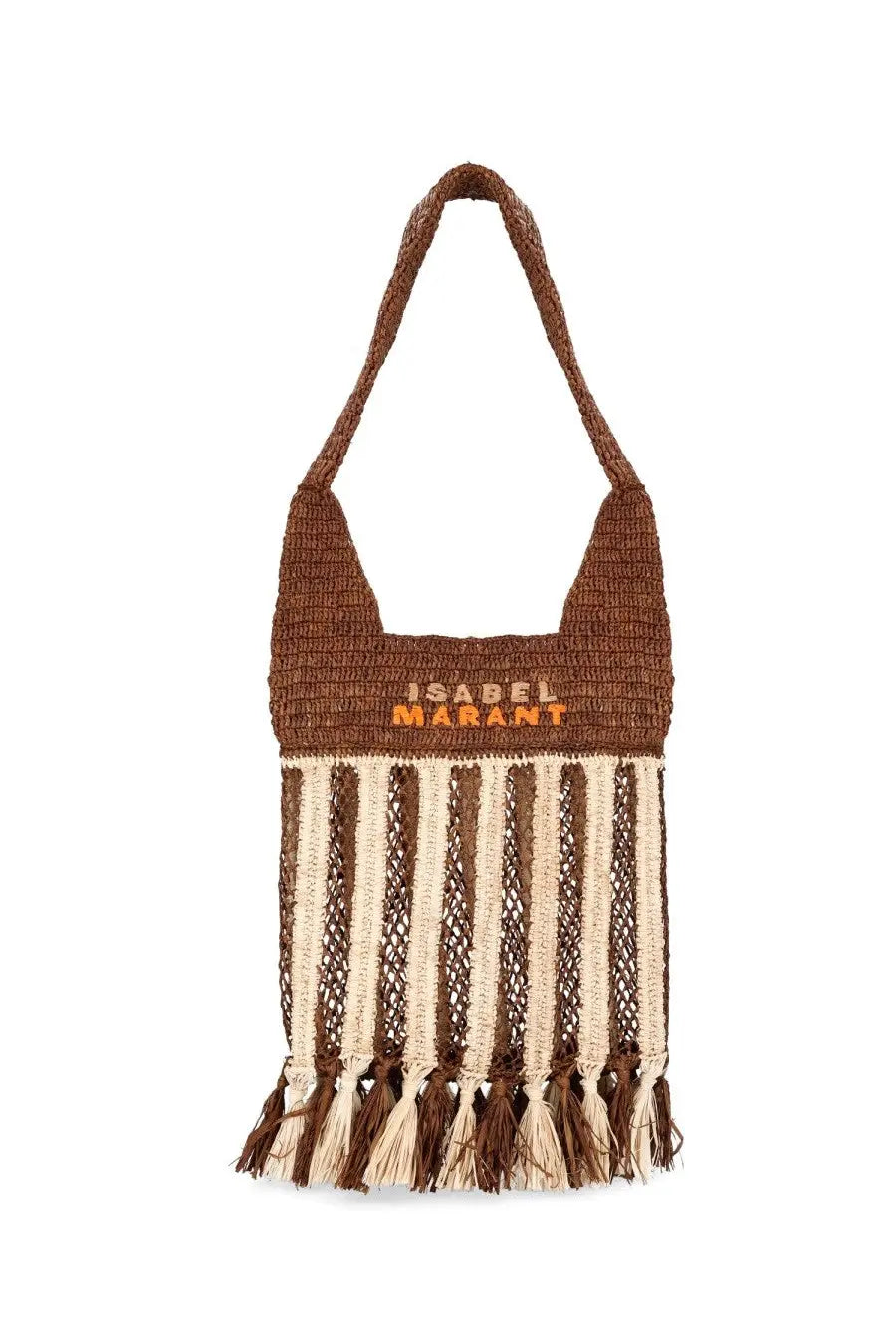 Isabel Marant women’s borsa praia small brown woven tote bag with cream fringe detailing and natural fibers