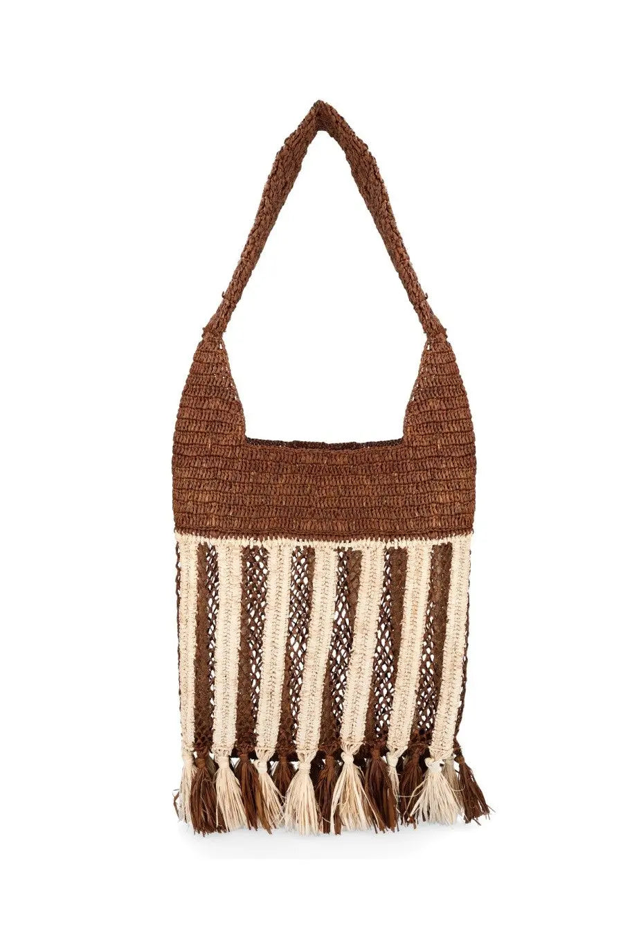 Isabel Marant women’s borsa praia small brown woven tote bag with cream fringe detailing and natural texture