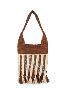 Isabel Marant women’s borsa praia small brown woven tote bag with cream fringe detailing and natural texture