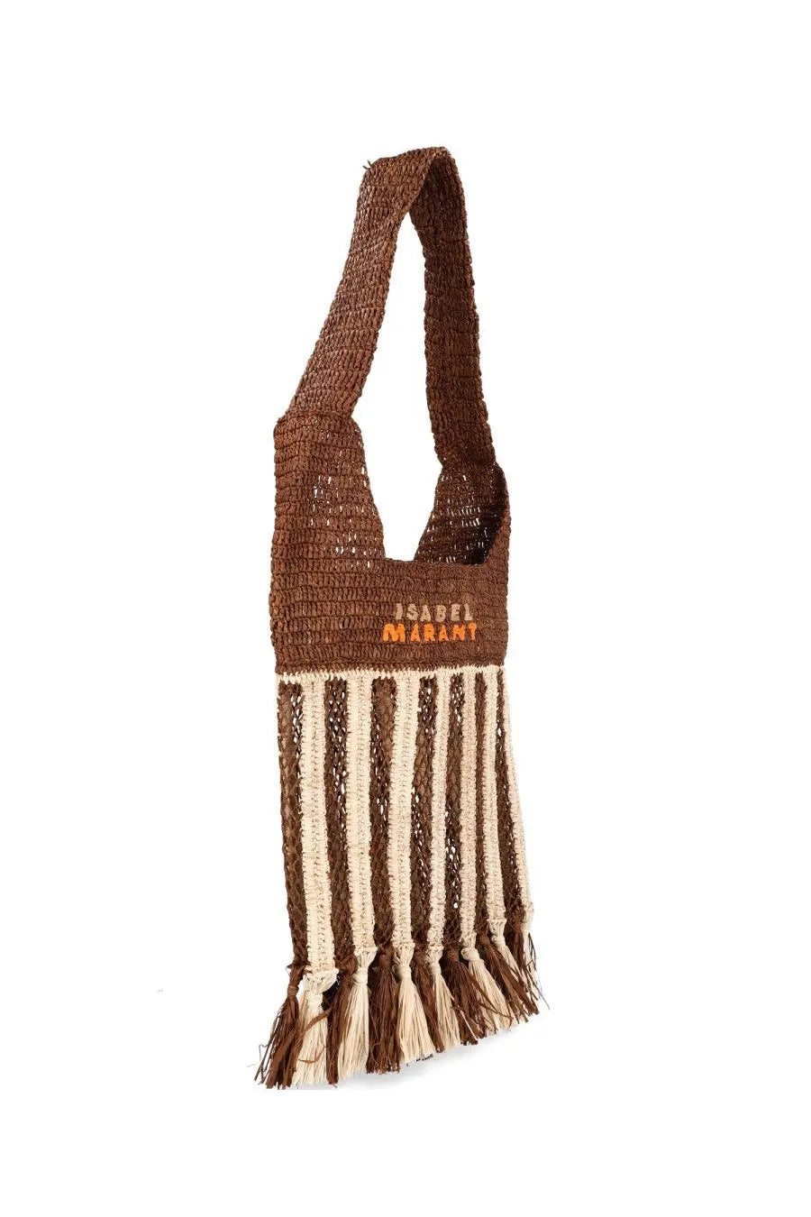 Isabel Marant women’s borsa praia small brown woven shoulder bag with cream stripes tassels and orange embroidered logo