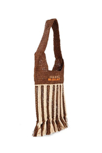 Isabel Marant women’s borsa praia small brown woven shoulder bag with cream stripes tassels and orange embroidered logo