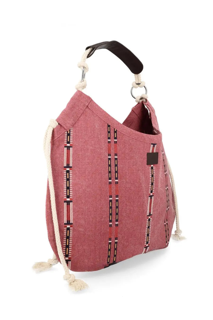 Isabel Marant women’s borsa tote in pink canvas with vertical red black white stripes and cream rope handles and drawstrings
