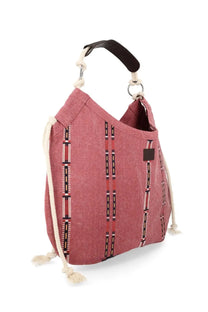 Isabel Marant women’s borsa tote in pink canvas with vertical red black white stripes and cream rope handles and drawstrings