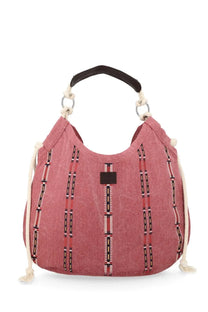 Isabel Marant women’s pink woven canvas hobo bag with black white beaded stripes cream drawstrings and black leather handle