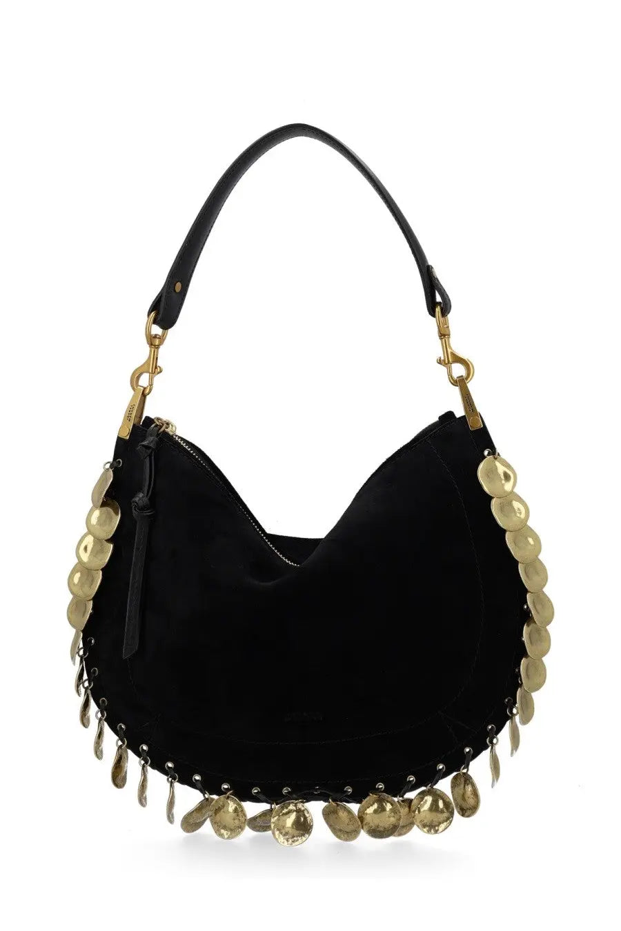Isabel Marant women’s black suede hobo bag with gold coin embellishments and matching leather handle
