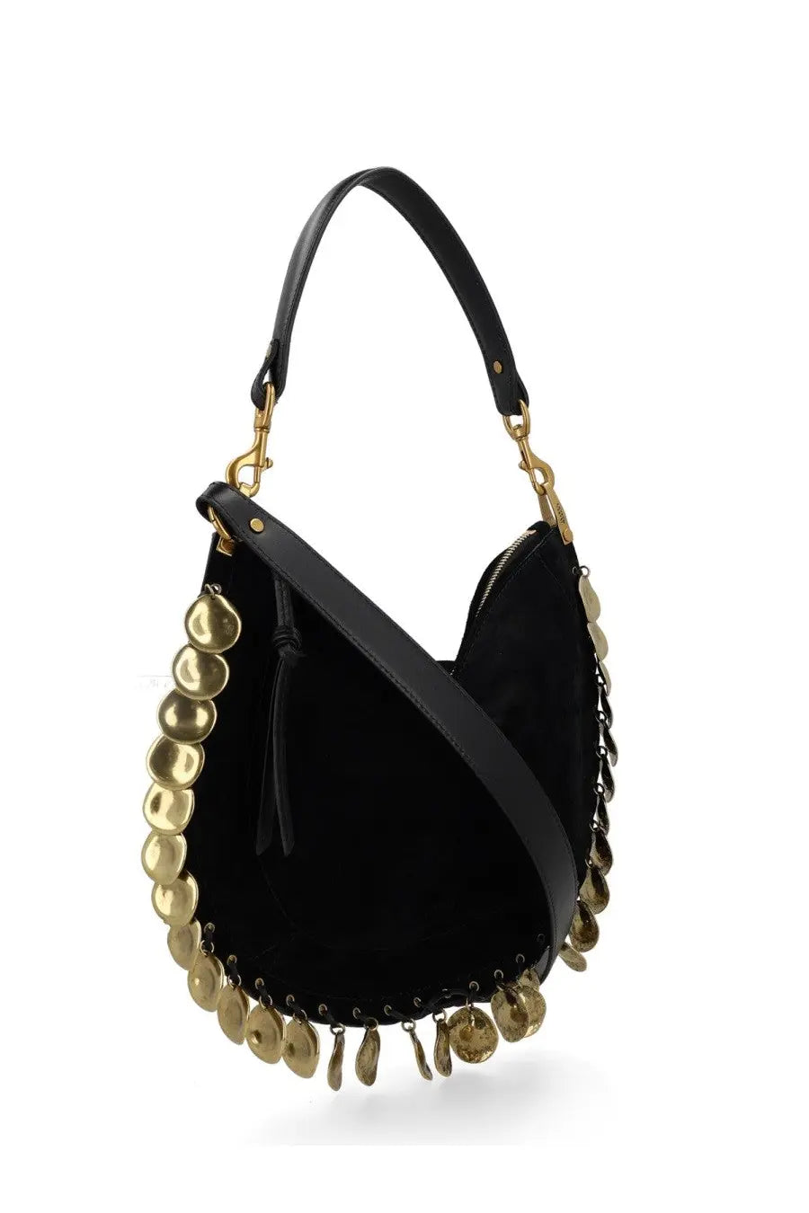 Isabel Marant women’s black velvet hobo bag with gold coin embellishments and matching leather strap