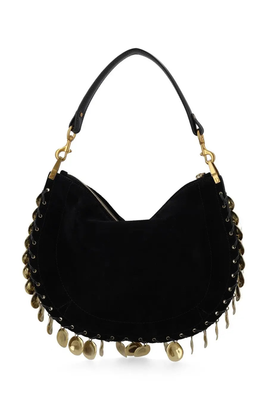Isabel Marant women’s black velvet hobo bag with gold-tone metal accents and dangling coin-like charms