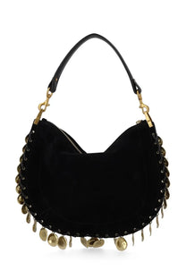 Isabel Marant women’s black velvet hobo bag with gold-tone metal accents and dangling coin-like charms