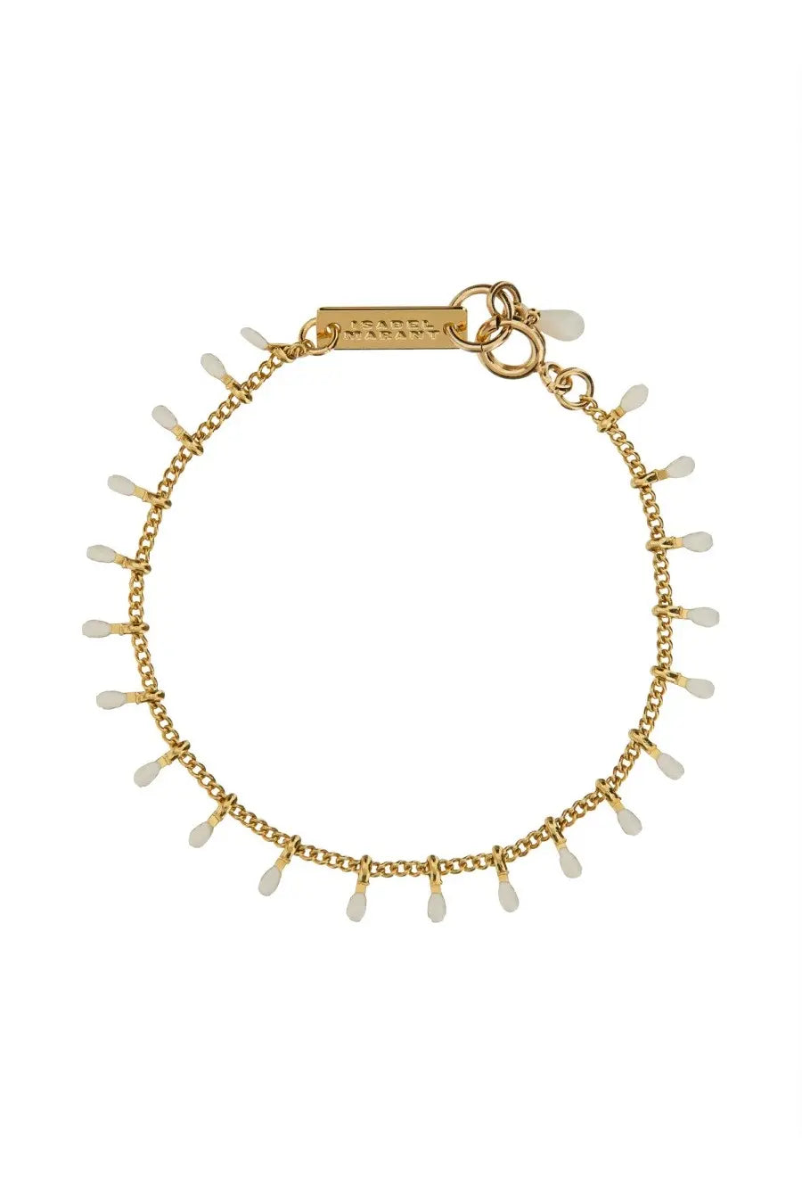 Isabel Marant women’s gold chain bracelet with delicate white teardrop-shaped beads dangling from each link