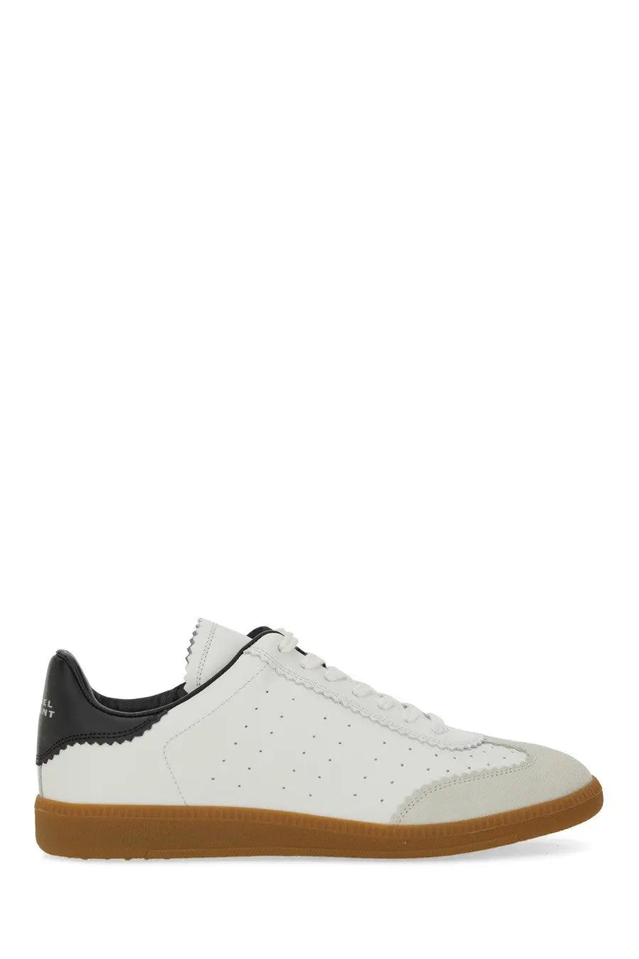 Isabel marant women’s bryce sneaker white leather with black heel tab and tan rubber sole shown from back side