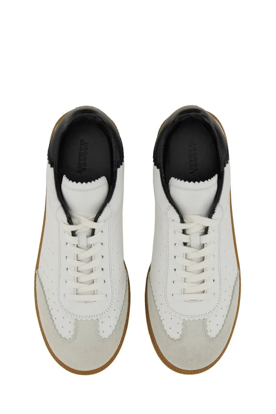 Isabel Marant women’s Bryce sneaker white with white leather, black accents, and tan rubber soles