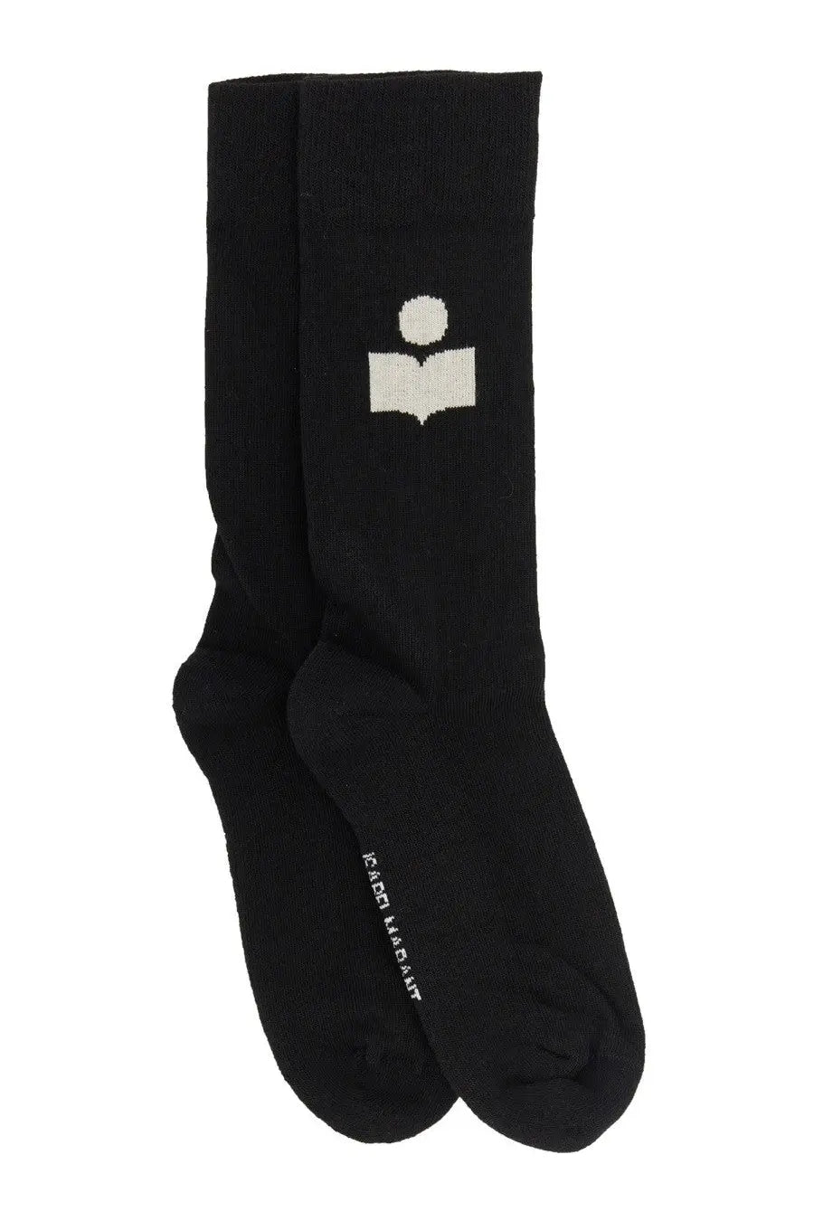 Isabel Marant women’s black crew socks with white embroidered logo of a stylized figure reading a book