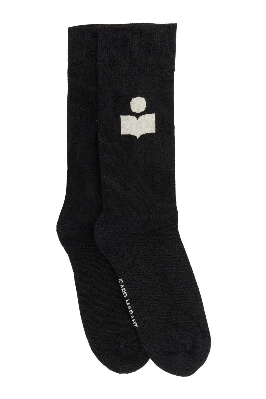 Isabel Marant women’s black crew socks with white embroidered stylized figure reading a book logo