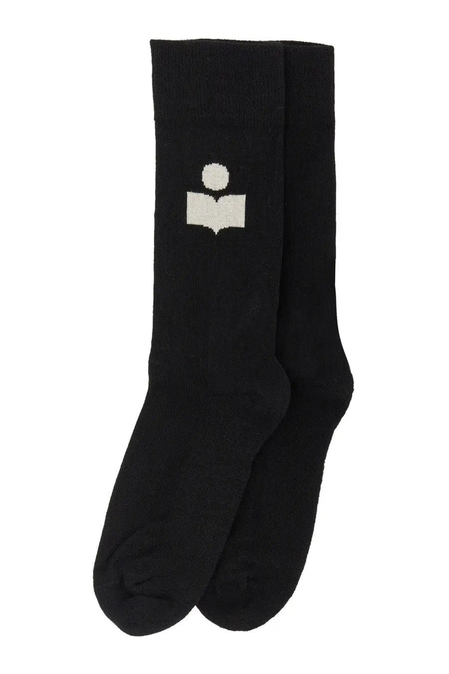 Isabel Marant women’s black crew socks with white embroidered logo of a stylized person reading a book