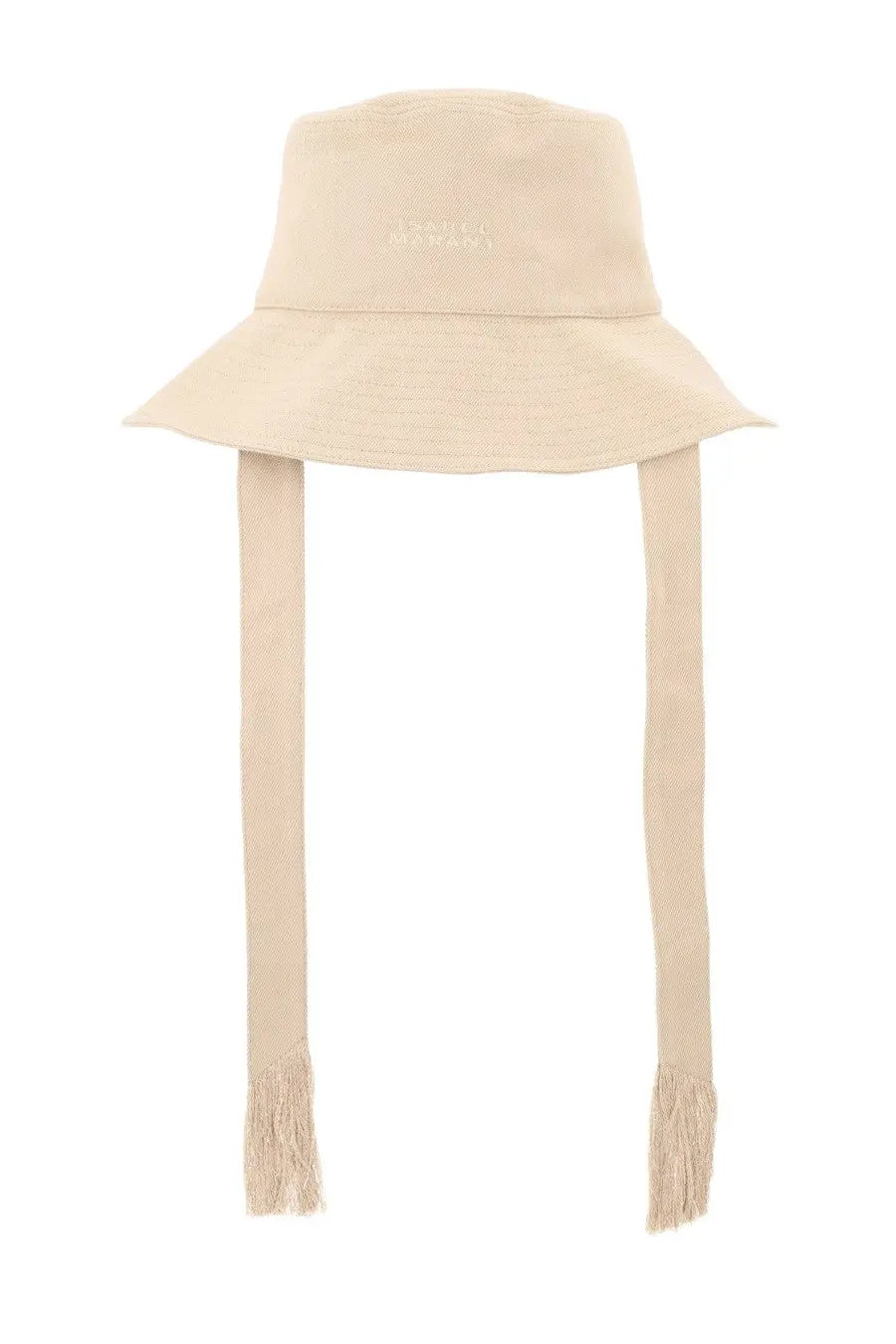 Isabel Marant women’s beige bucket hat with fringed ties and subtle embroidered branding in soft fabric