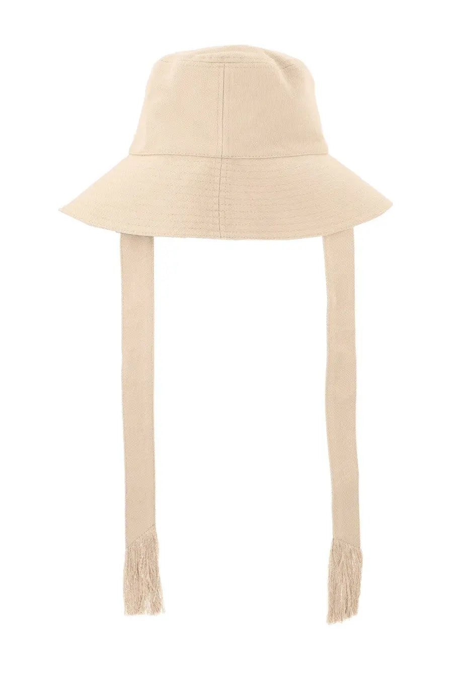 Beige isabel marant womens bucket hat with wide brim and matching fabric ties ending in fringes