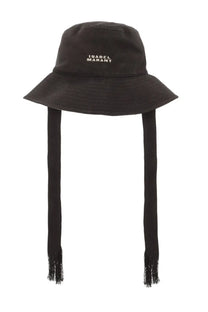 Black isabel marant women’s cappello shaley bucket hat featuring fringed ties made from soft fabric