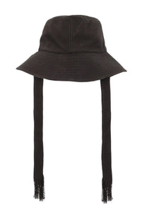 Isabel Marant women’s black bucket hat with fringed ties made from lightweight fabric for stylish sun protection