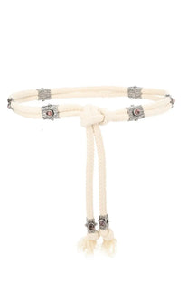 Isabel Marant women’s cintura Aleea beige cream woven belt with silver textured buckles and pink gemstone tassels