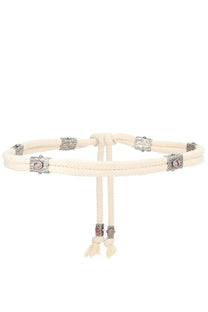 Isabel Marant women’s cintura Aleea beige cream woven belt with silver metal accents and pink gemstones