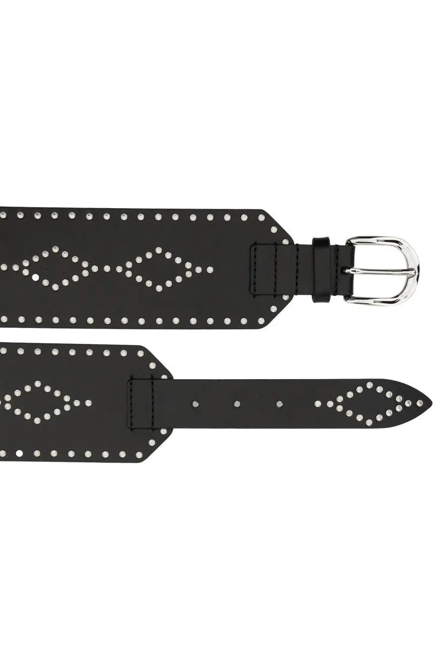 Isabel Marant women’s black leather belt with silver stud diamond patterns and polished metal buckle