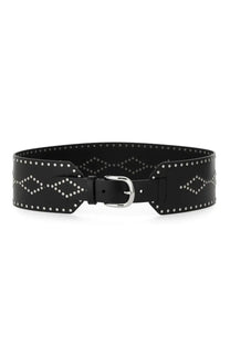 Isabel Marant women’s cintura lucie black leather belt with silver-toned diamond stud patterns and matching buckle