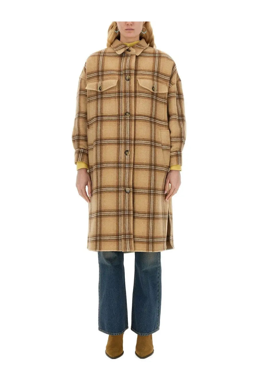 Isabel Marant women’s coat fontizia beige plaid wool coat with collar button closures and patch pockets
