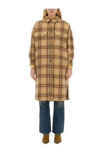Isabel Marant women’s coat fontizia beige plaid wool coat with collar button closures and patch pockets