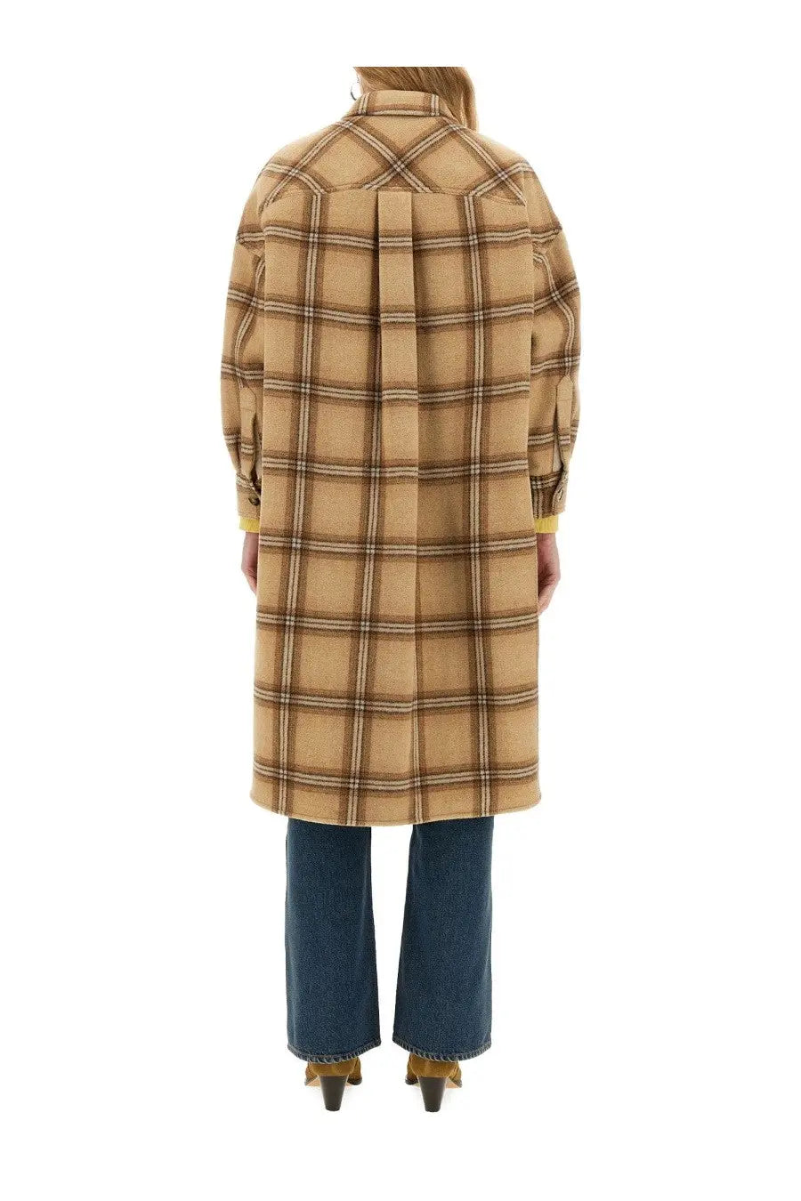 Isabel Marant women’s beige and brown plaid wool coat with a pleated back shown from the back side