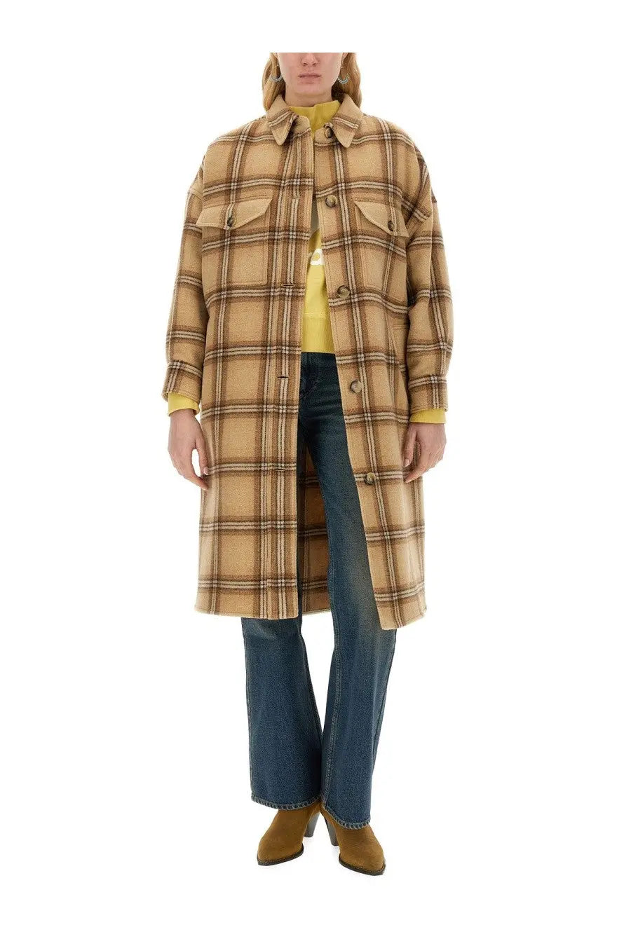 Isabel Marant women’s tan and brown plaid wool coat with collar button closures and patch pockets in beige