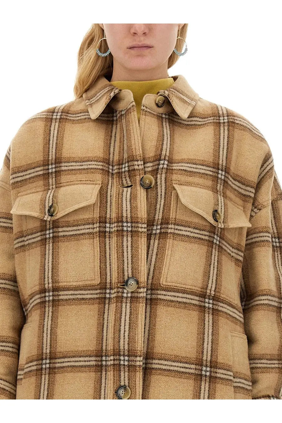 Isabel Marant women’s coat Fontizia beige tan and beige plaid woolen jacket with brown button accents front view