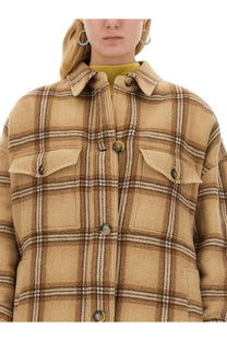 Isabel Marant women’s coat Fontizia beige tan and beige plaid woolen jacket with brown button accents front view